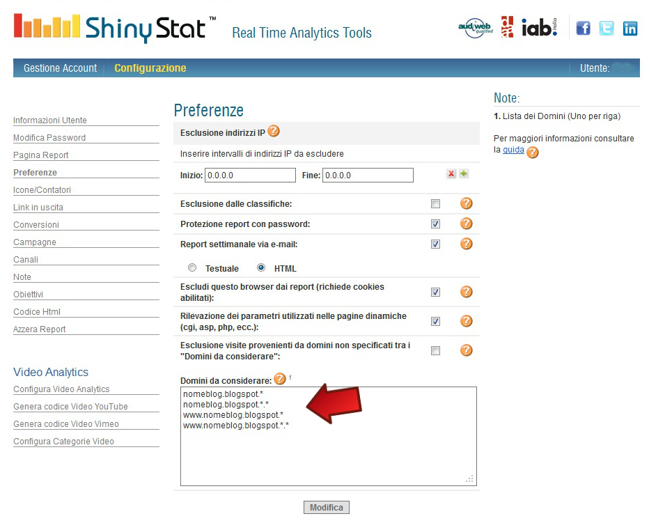 ShinyStat - Configurazione domini da considerare per Blogger