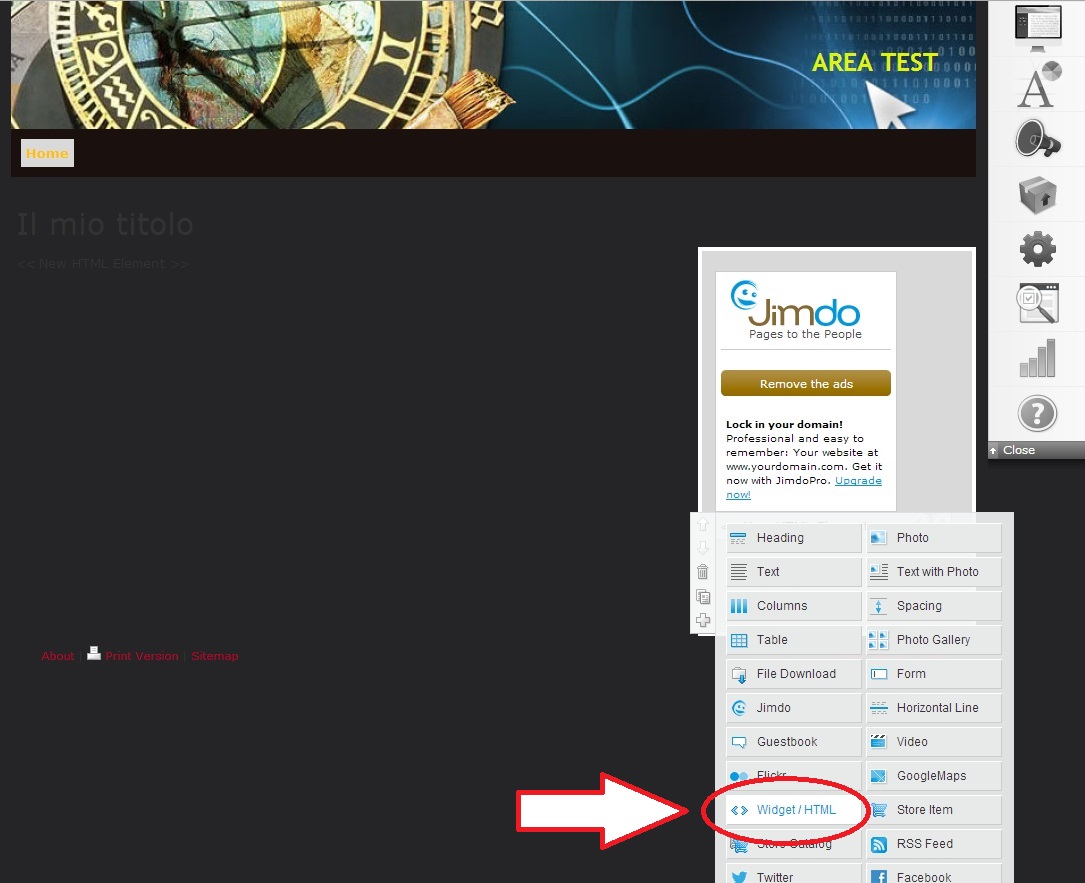 How to insert the ShinyStat code in a website built with Jimdo - 2 Step: Click on "Widget/HTML"